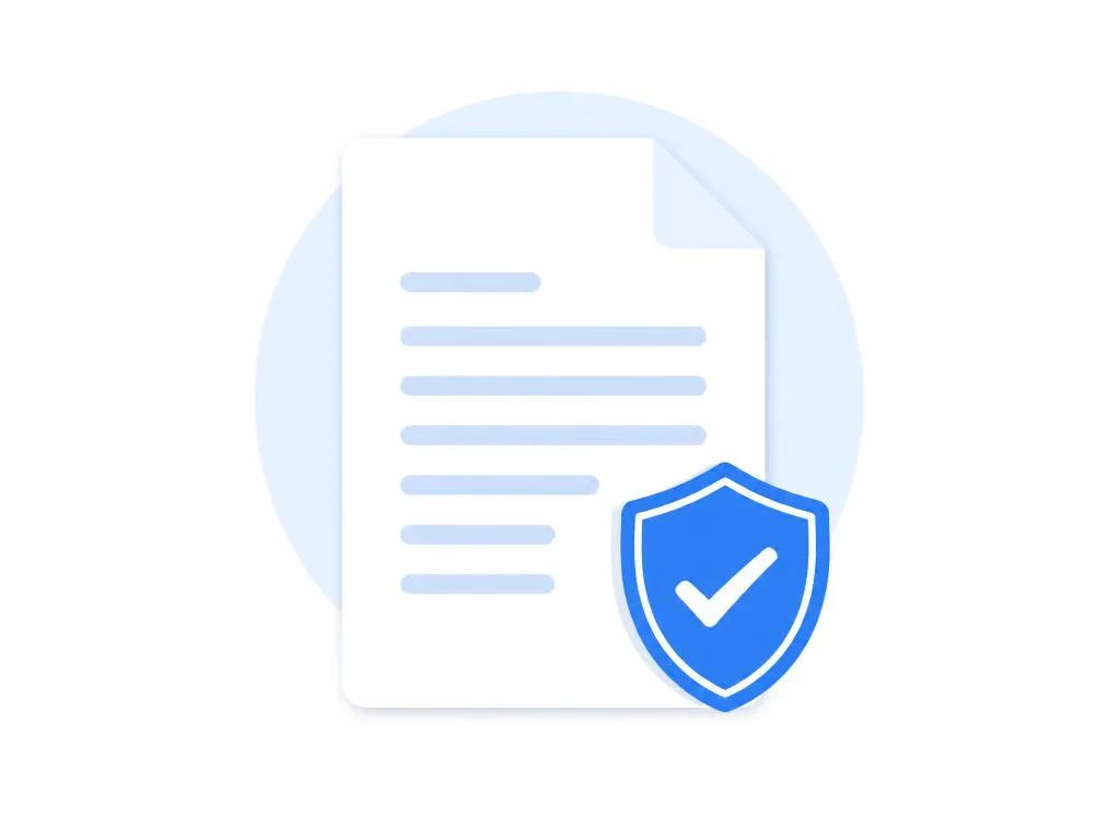 Illustration of an attorney approving a document with a shield and checkmark