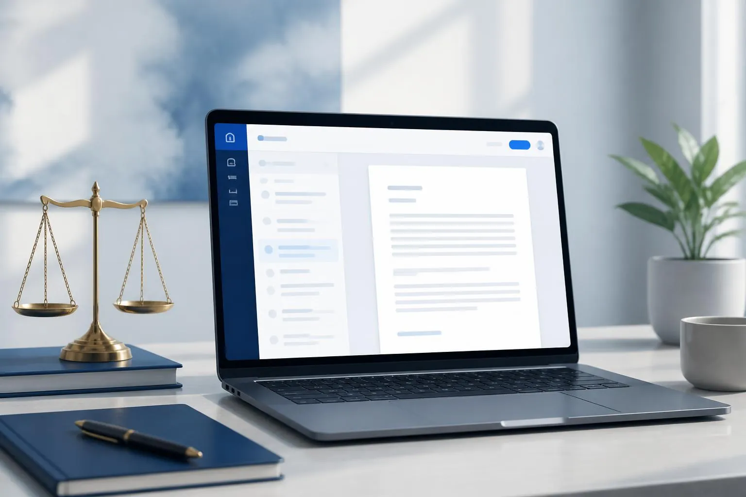 LegalSimple dashboard open on a laptop beside a scales-of-justice figurine